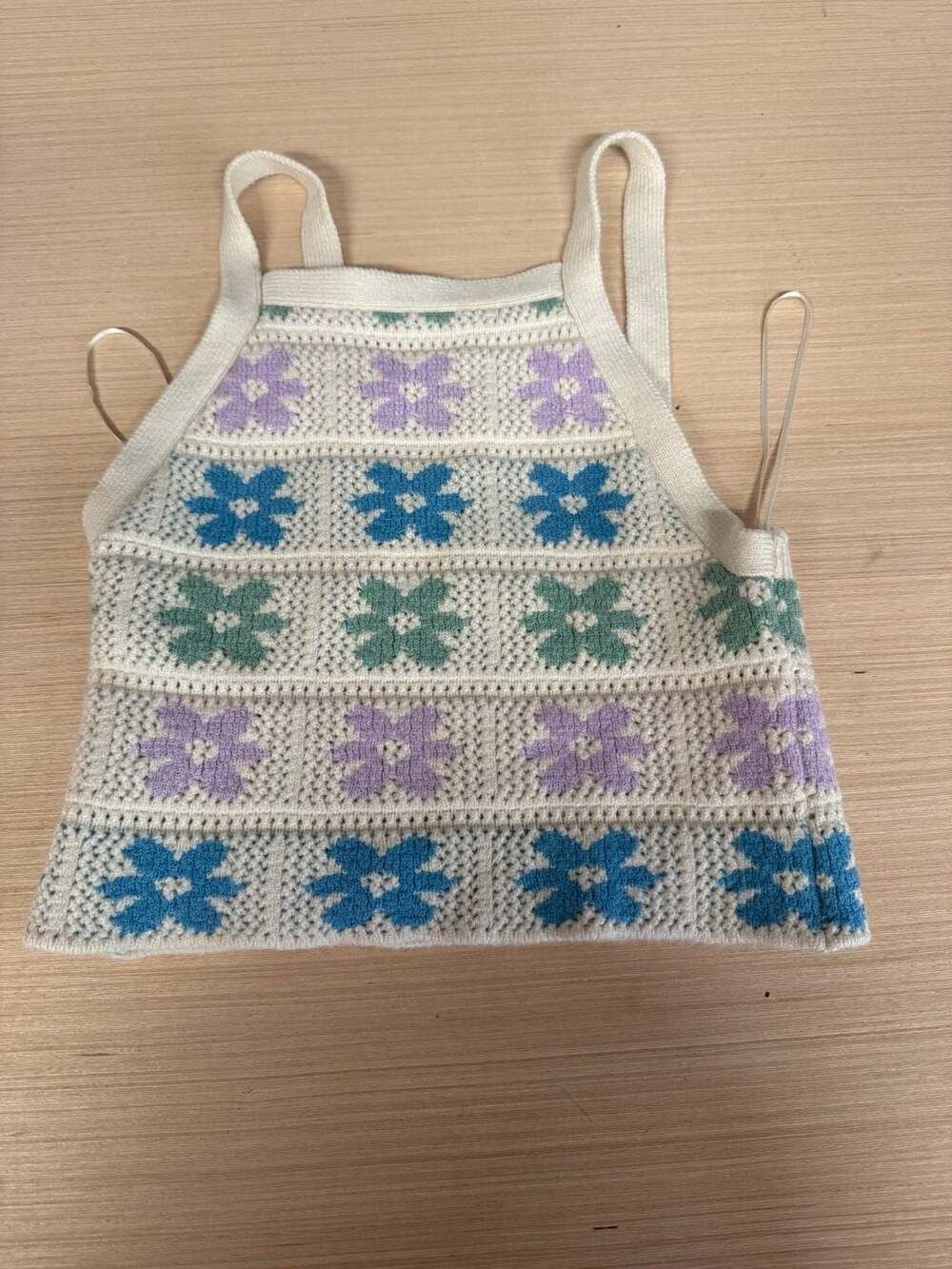 Hippie Rose Floral Knit Crop Tank Size XS hippie 70s grandma crochet squares